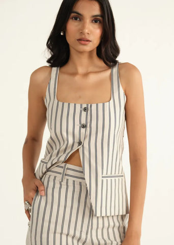 A Model Wearing Beige Linen Beige Linen Striped Waistcoat, curated by Only Ethikal
