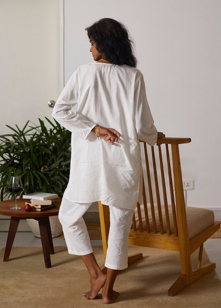 A Model Wearing White Cotton Khadi Morning Light Co-ord Set,curated by Only Ethikal