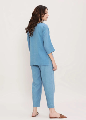 Blue Textured Cotton Dotted Pants