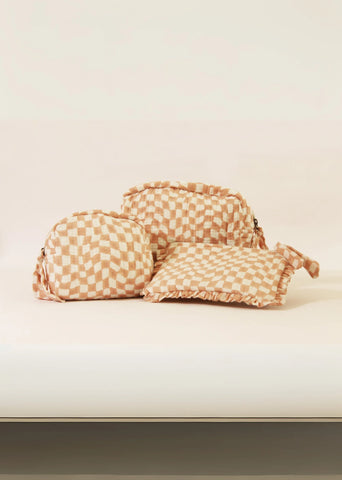 Sustainable Quilted Cotton Travel Pouch Peach & White Flat Frill Organizer