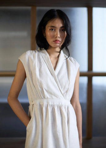 Kara Shawl Collar Linen Dress- Ivory