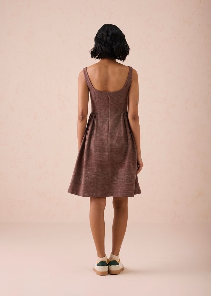 A Model Wearing Brown Handwoven Cotton Hazel Sun Handspun Handwoven Organic Cotton Pleated Mini Dress, curated by Only Ethikal