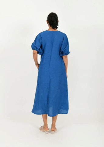 Classic Blue Cotton Dress With Puffed Sleeves