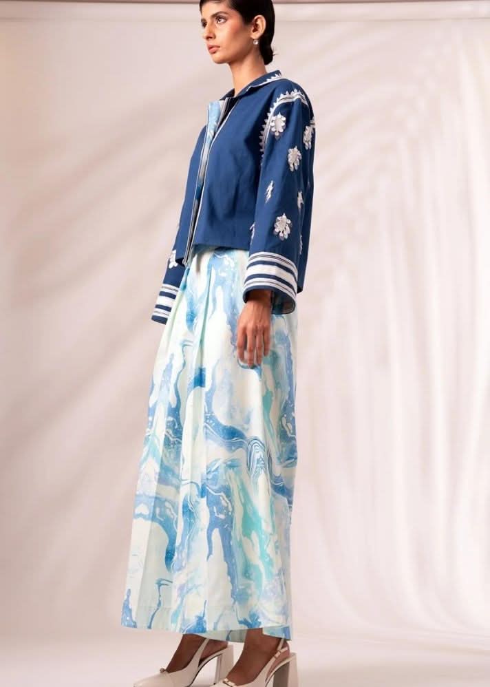 A Model Wearing Multicolor Cotton Twill Indigo Cosmo Top + Rico Pleated Culottes Co-Ord Set, curated by Only Ethikal