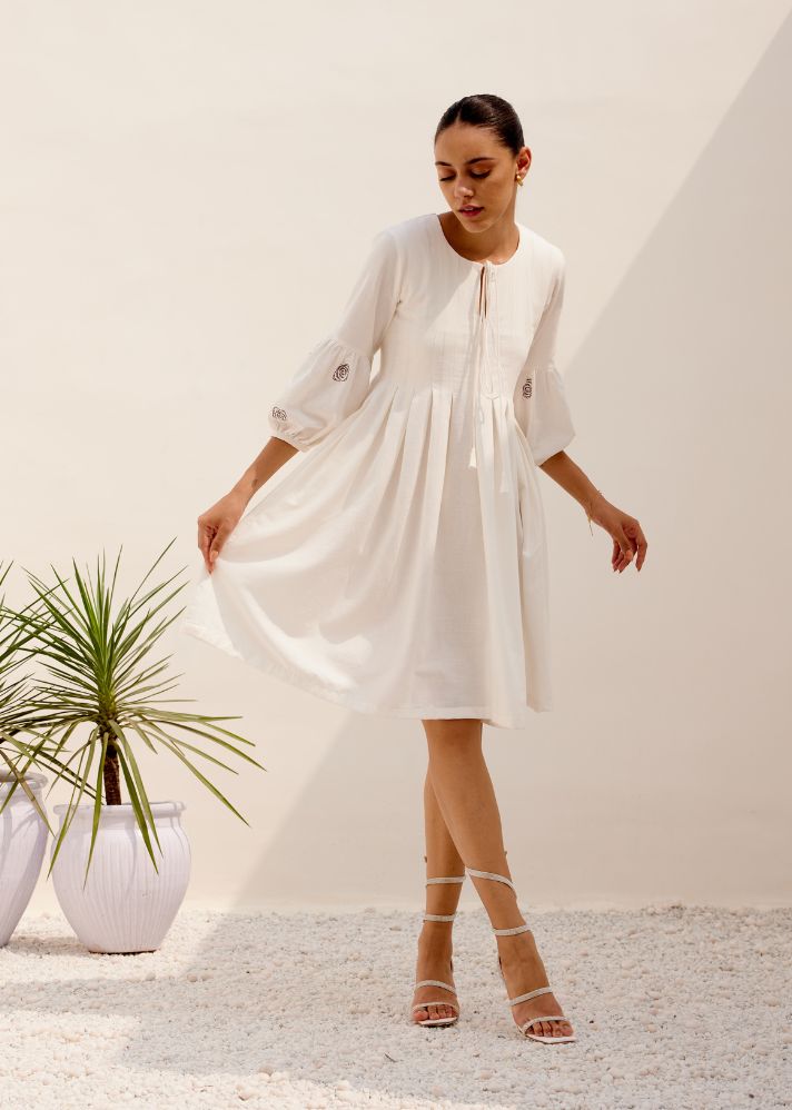 A Model Wearing White Hemp White Mid Summer Dress, curated by Only Ethikal