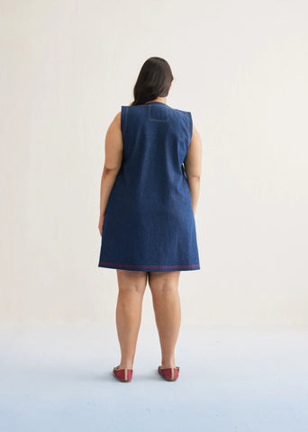 A Model Wearing Blue Cotton Denim Deep Blue Sustainable Denim Dress, curated by Only Ethikal