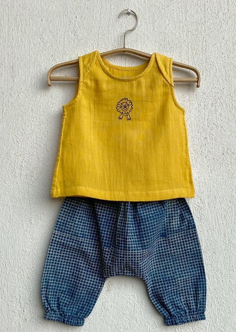 Unisex Organic Zoo Yellow Jhabla With Indigo Check Pants