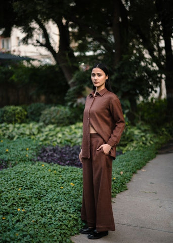 A Model Wearing Brown Wool Brown Mahoniacoord Set , curated by Only Ethikal