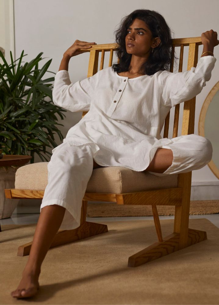 A Model Wearing White Cotton Khadi Morning Light Co-ord Set,curated by Only Ethikal