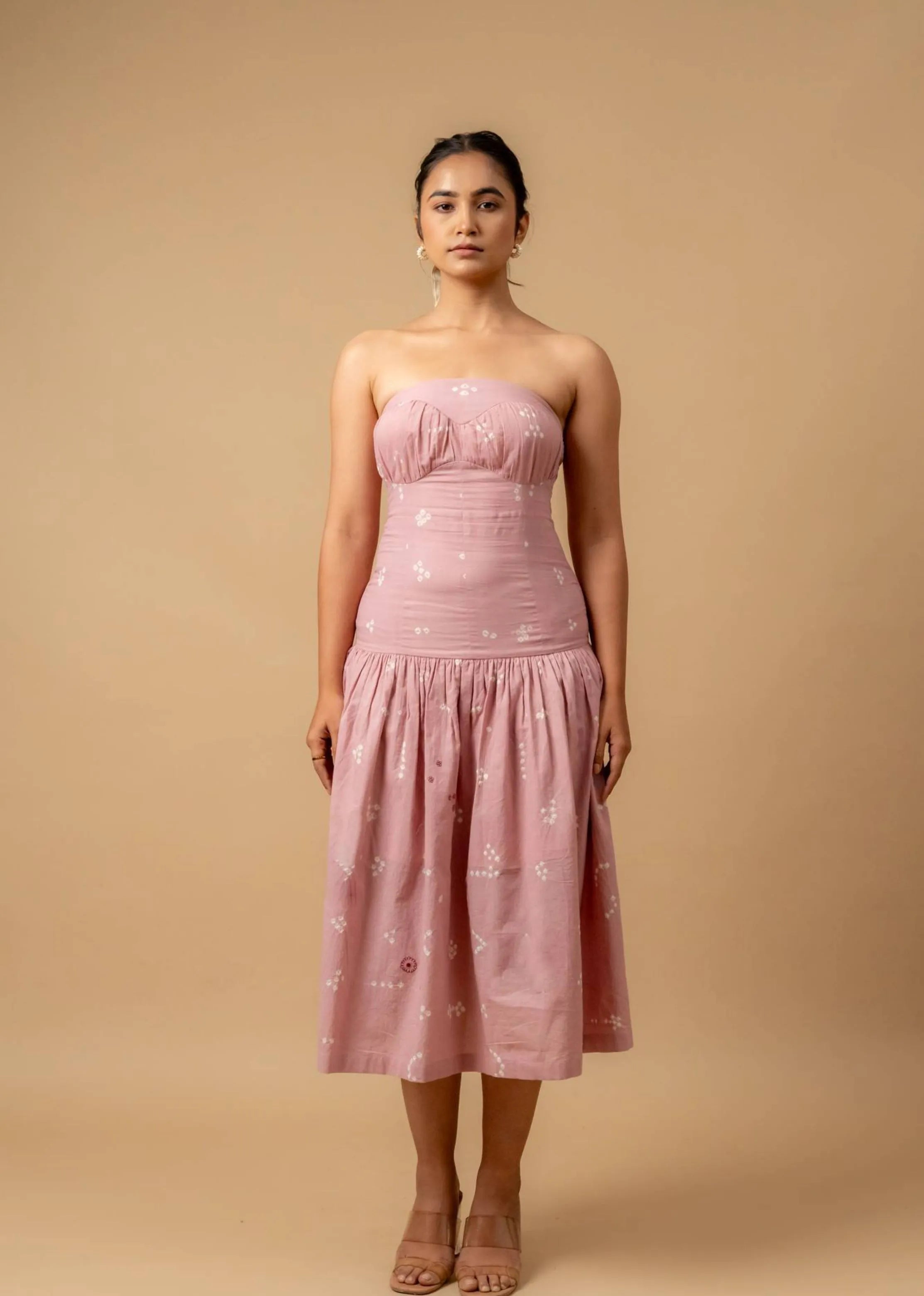 A Model Wearing Pink Cotton Bellblush Bandhani Dress, curated by Only Ethikal