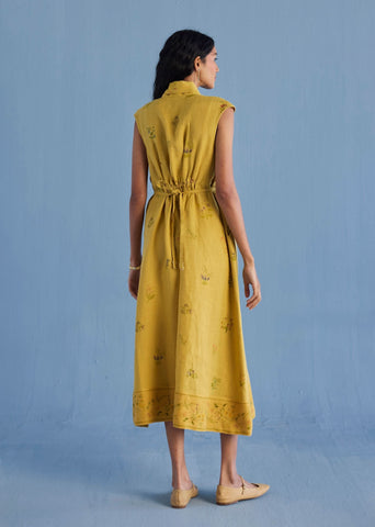 Mema Shawl Collar Printed Linen Dress - Ochre