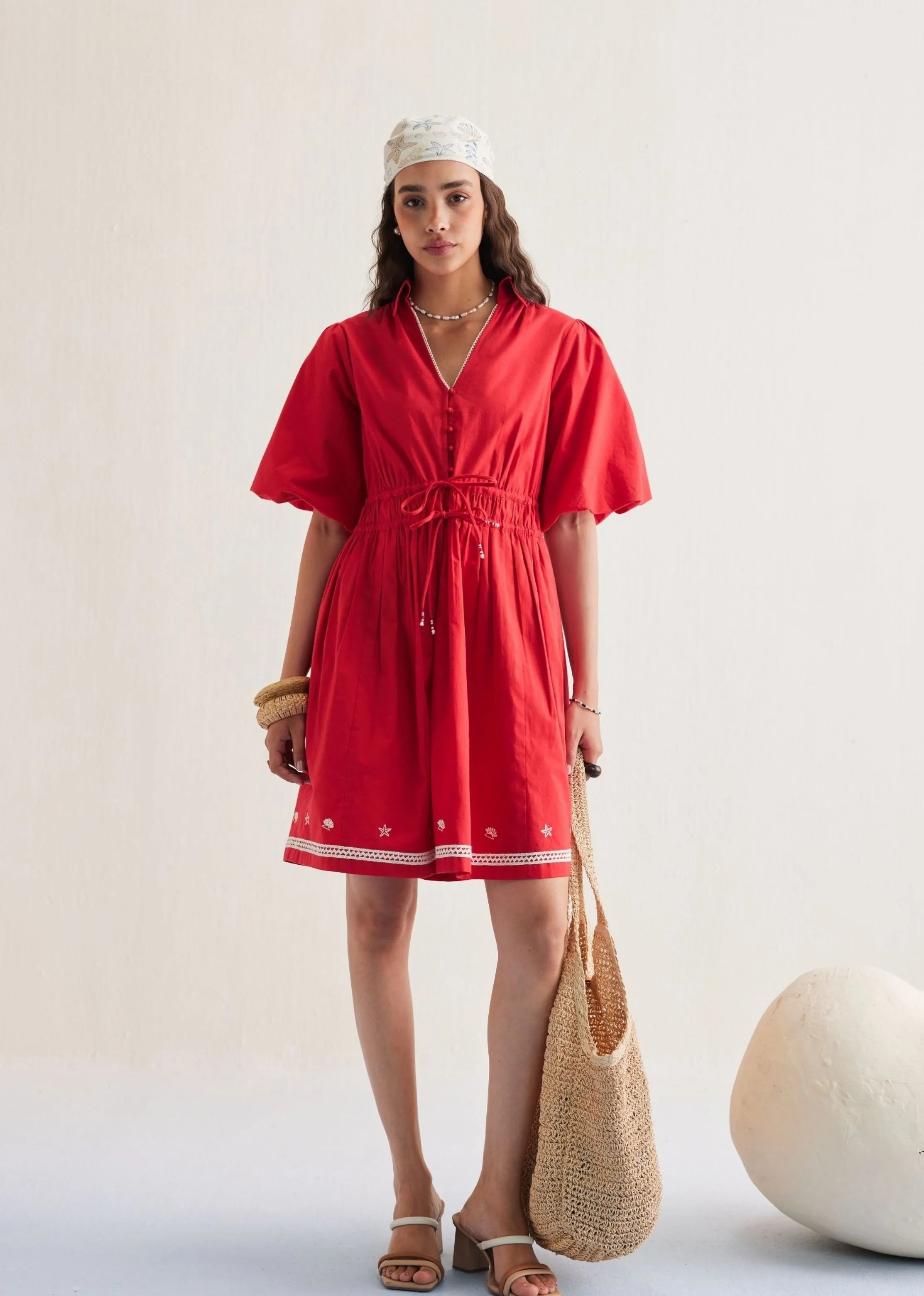 A Model Wearing Red Organic Cotton Ocean Spirit Cotton Red Dress, curated by Only Ethikal