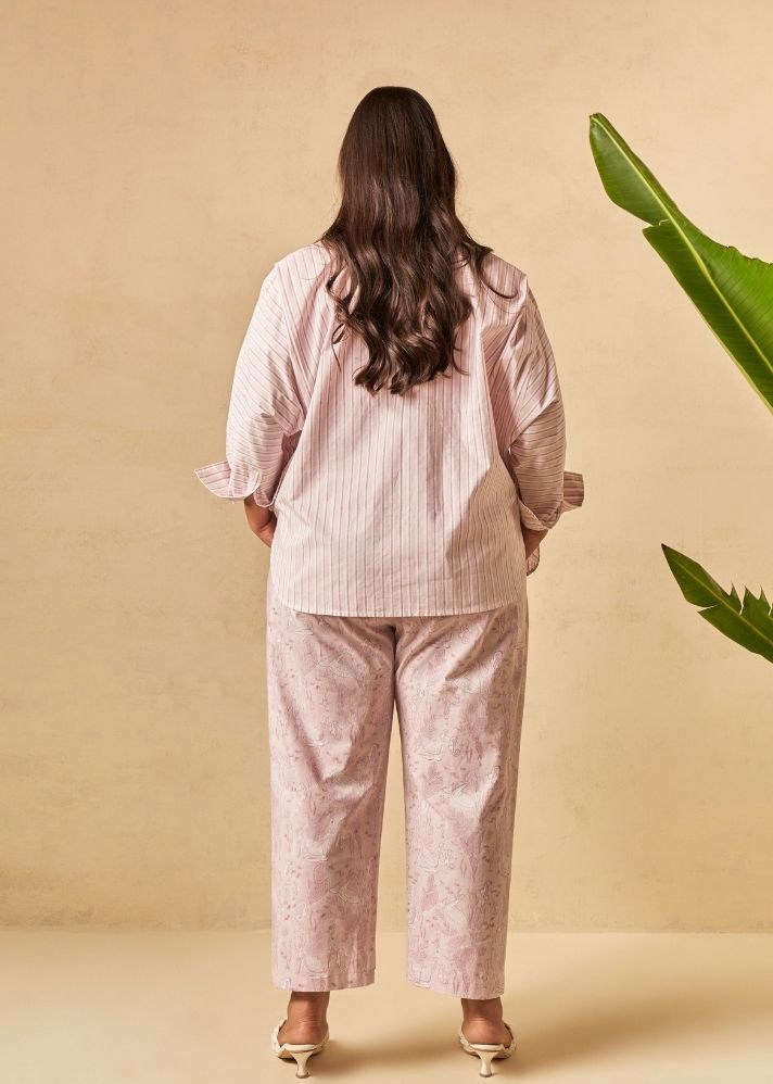 A Model Wearing Multicolor Organic Cotton The Purple Reef organic cotton trousers, curated by Only Ethikal