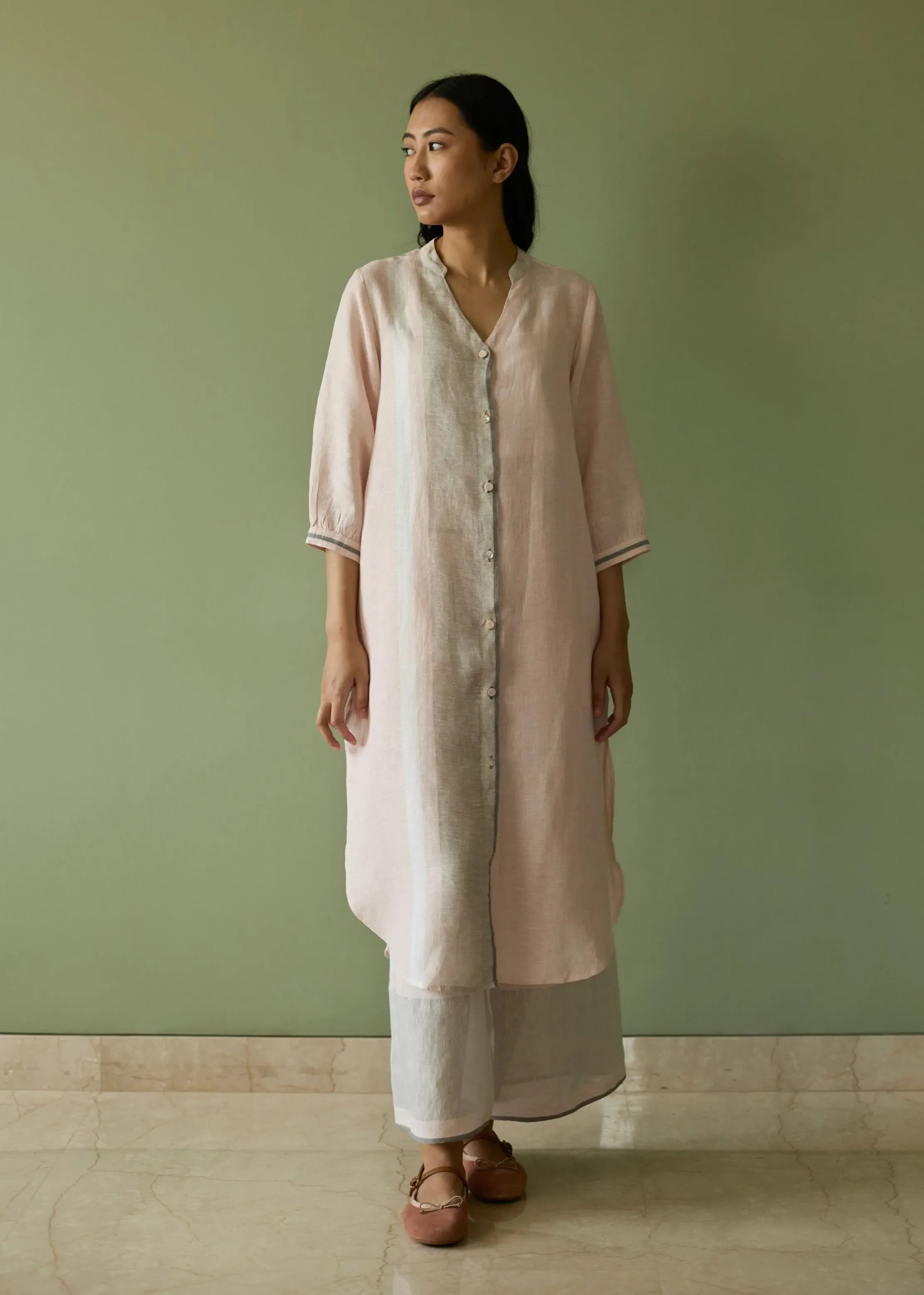 A Model Wearing Pink Linen Mori Border Linen Shirt Kurta Set- Blush, curated by Only Ethikal