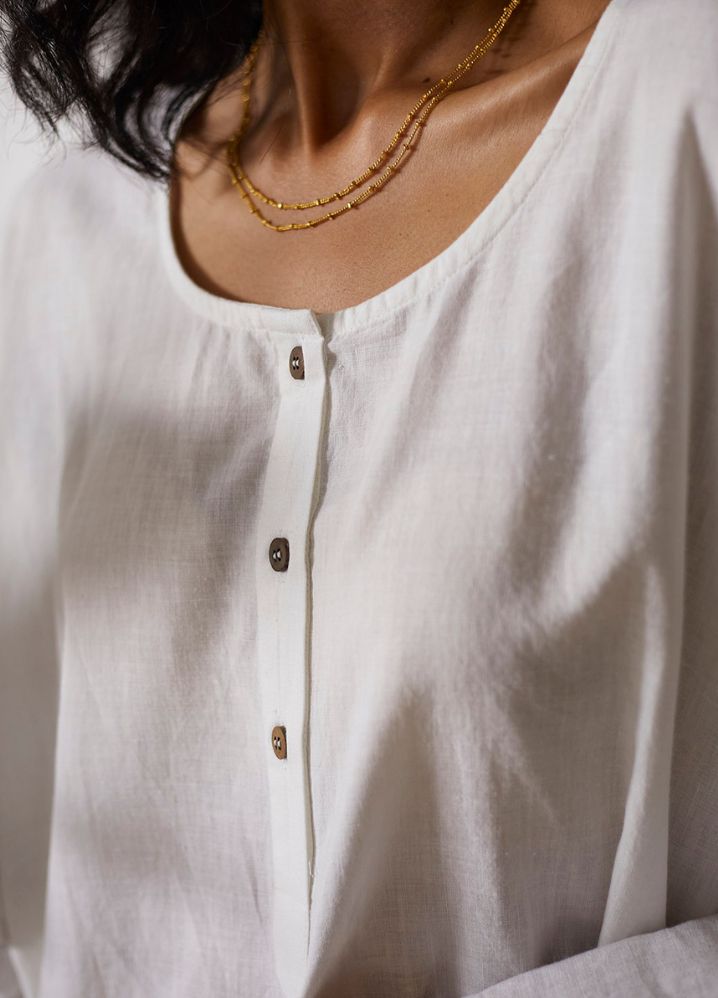 A Model Wearing White Cotton Khadi Morning Light Co-ord Set,curated by Only Ethikal