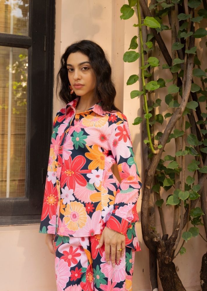 A Model Wearing Multicolor Organic Cotton Palm Co-Ord Set- Mosaic Pink Print, curated by Only Ethikal