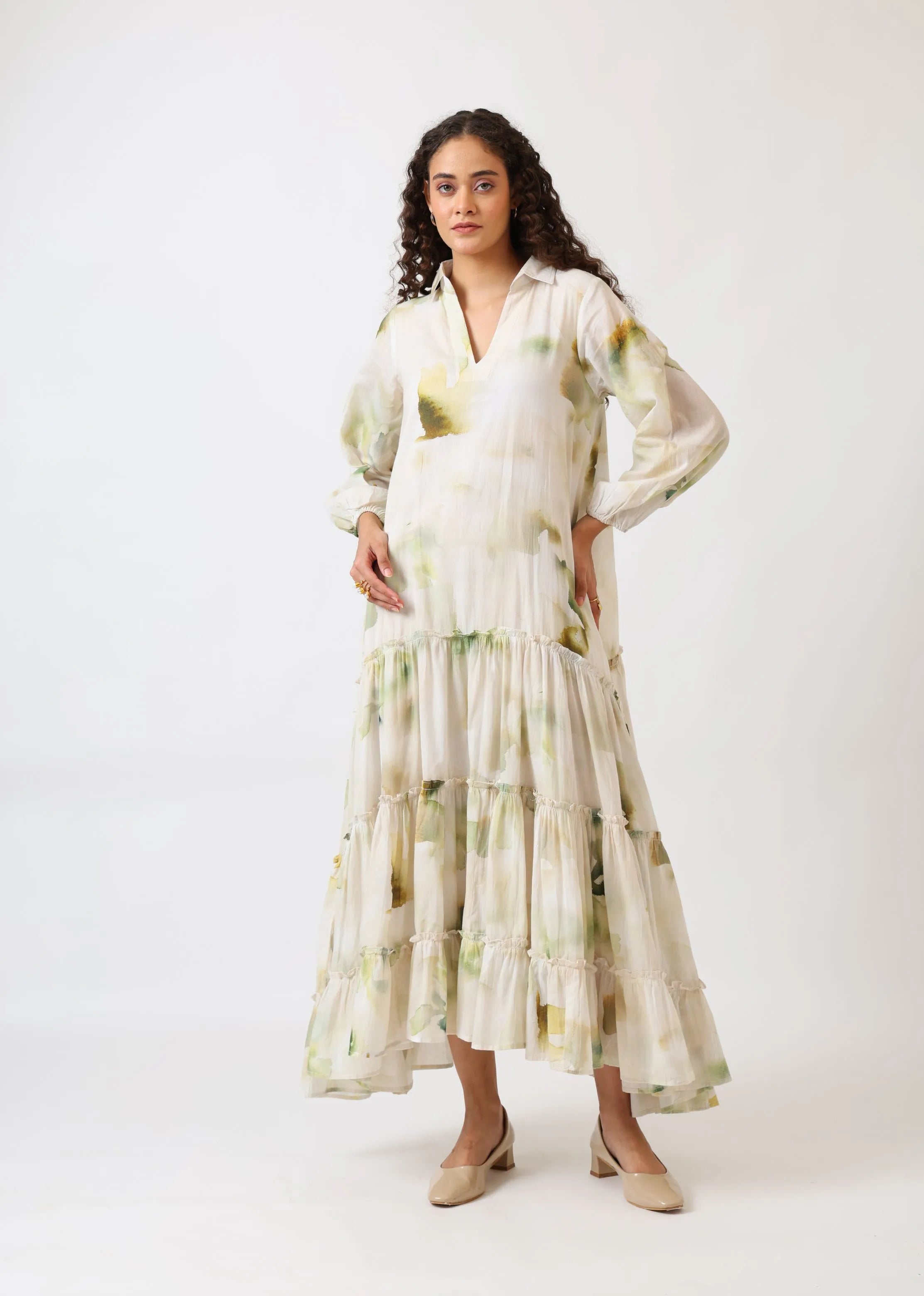 A Model Wearing Multicolor Mulmul Cotton Verdant Bloom Tiered Dress, created by Only Ethikal