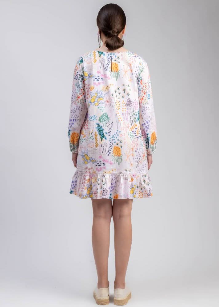 A Model Wearing Multicolor Linen Eva Printed Dress, curated by Only Ethikal