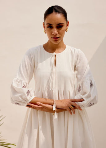 A Model Wearing White Hemp White Mid Summer Dress, curated by Only Ethikal