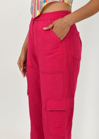 Viva Magenta Linen Cargo Pants