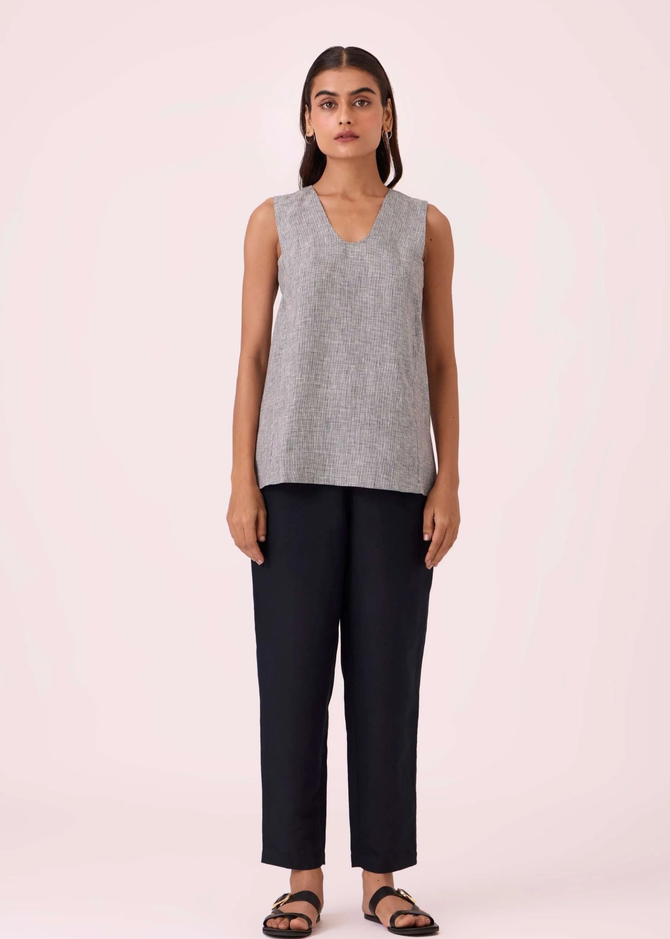 A Model Wearing Multicolor Linen Huxley Houndstooth Linen Top, curated by Only Ethikal