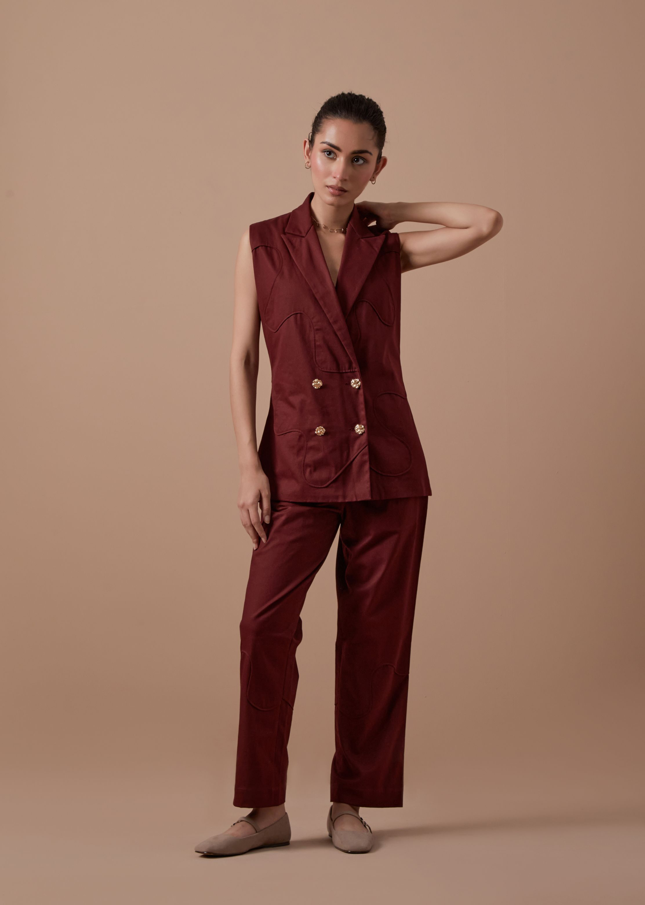 A Model Wearing Maroon Organic Cotton Influence Blazer Set, curated by Only Ethikal