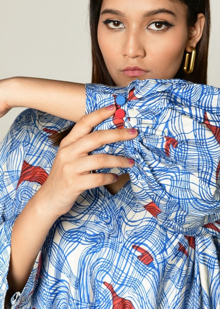 A Model Wearing Multicolor Cotton Bemberg Ponzo Puff Sleeve Dress, curated by Only Ethikal