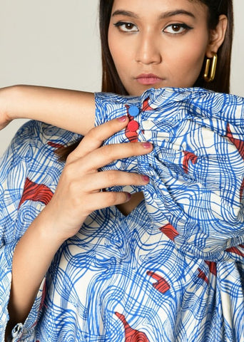 A Model Wearing Multicolor Cotton Bemberg Ponzo Puff Sleeve Dress, curated by Only Ethikal