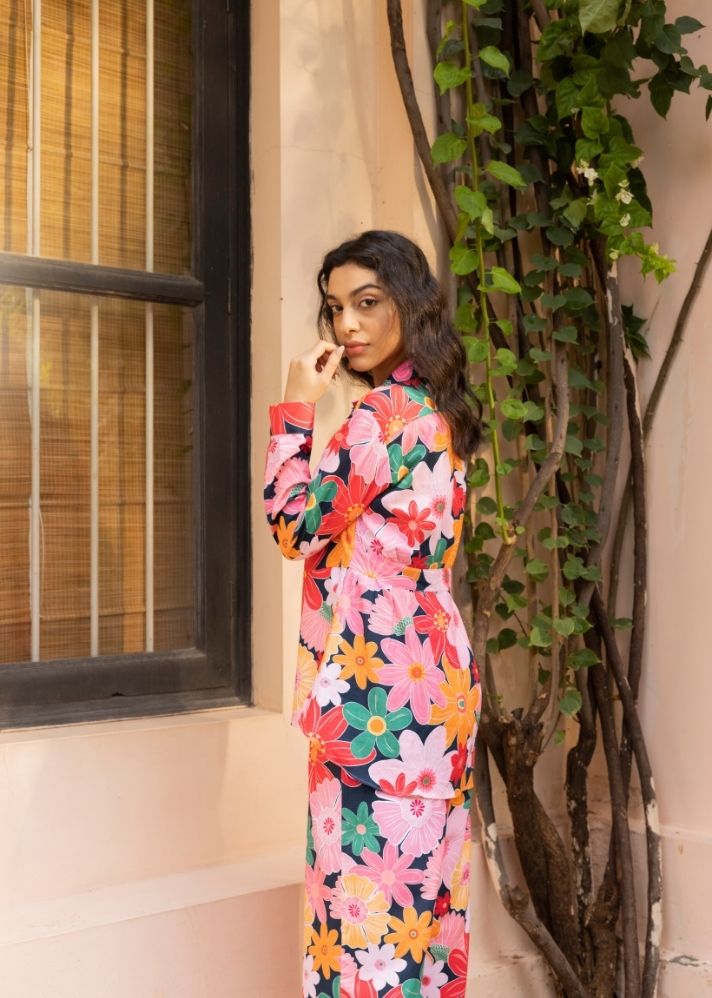 A Model Wearing Multicolor Organic Cotton Palm Co-Ord Set- Mosaic Pink Print, curated by Only Ethikal