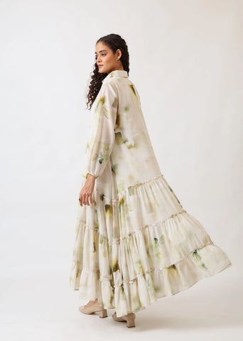 A Model Wearing Multicolor Mulmul Cotton Verdant Bloom Tiered Dress, created by Only Ethikal
