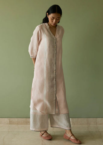 Mori Border Linen Shirt Kurta Set- Blush