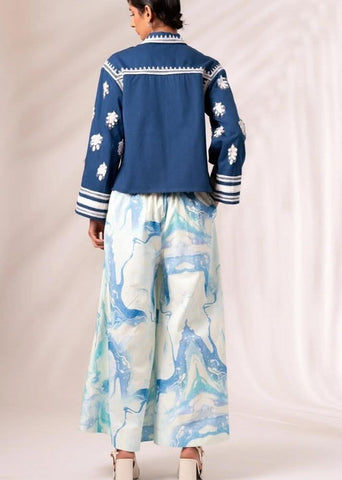 A Model Wearing Multicolor Cotton Twill Indigo Cosmo Top + Rico Pleated Culottes Co-Ord Set, curated by Only Ethikal