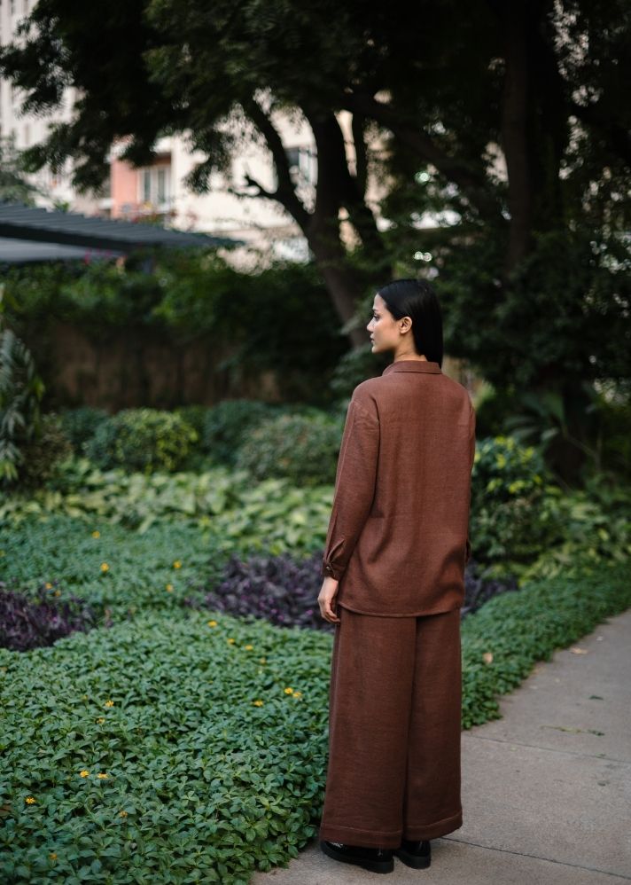 A Model Wearing Brown Wool Brown Mahoniacoord Set , curated by Only Ethikal