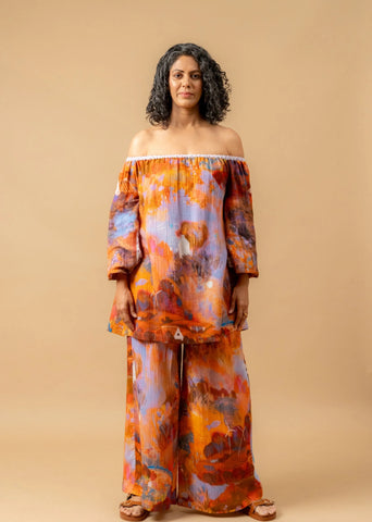 A Model Wearing Orange Organic Cotton Firefly Flicker Printed Top, curated by Only Ethikal