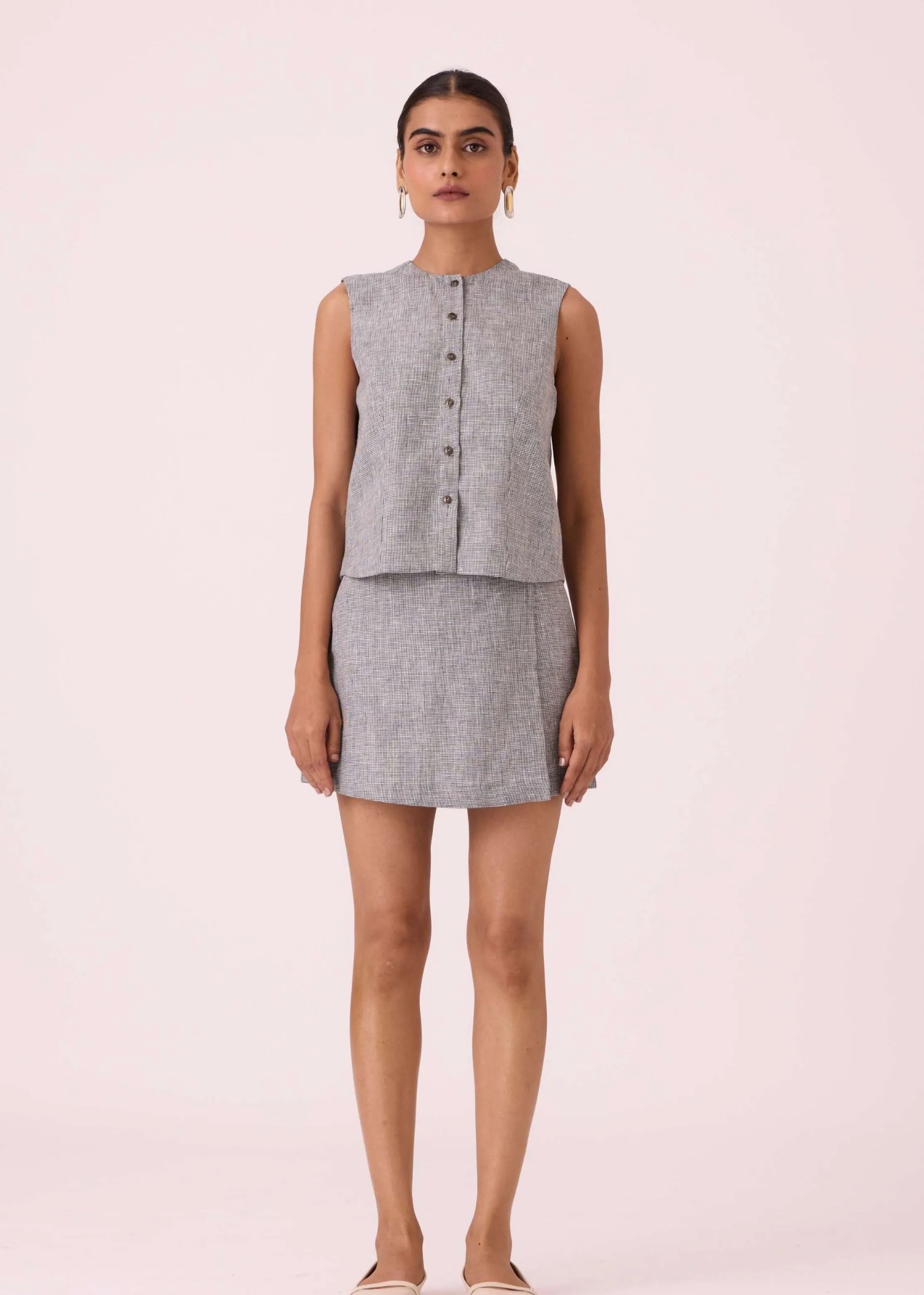 A Model Wearing Multicolor Linen Polina Houndstooth Linen Skort, curated by Only Ethikal