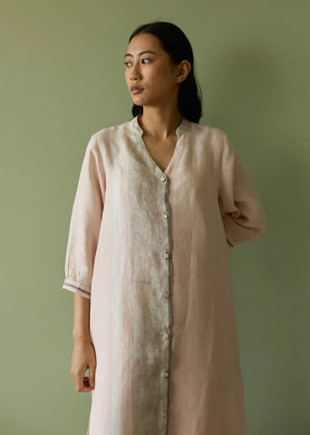 Mori Border Linen Shirt Kurta Set- Blush