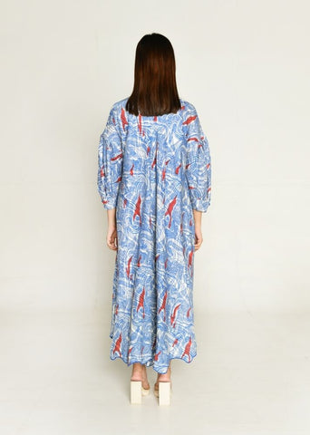 A Model Wearing Multicolor Cotton Bemberg Ponzo Puff Sleeve Dress, curated by Only Ethikal