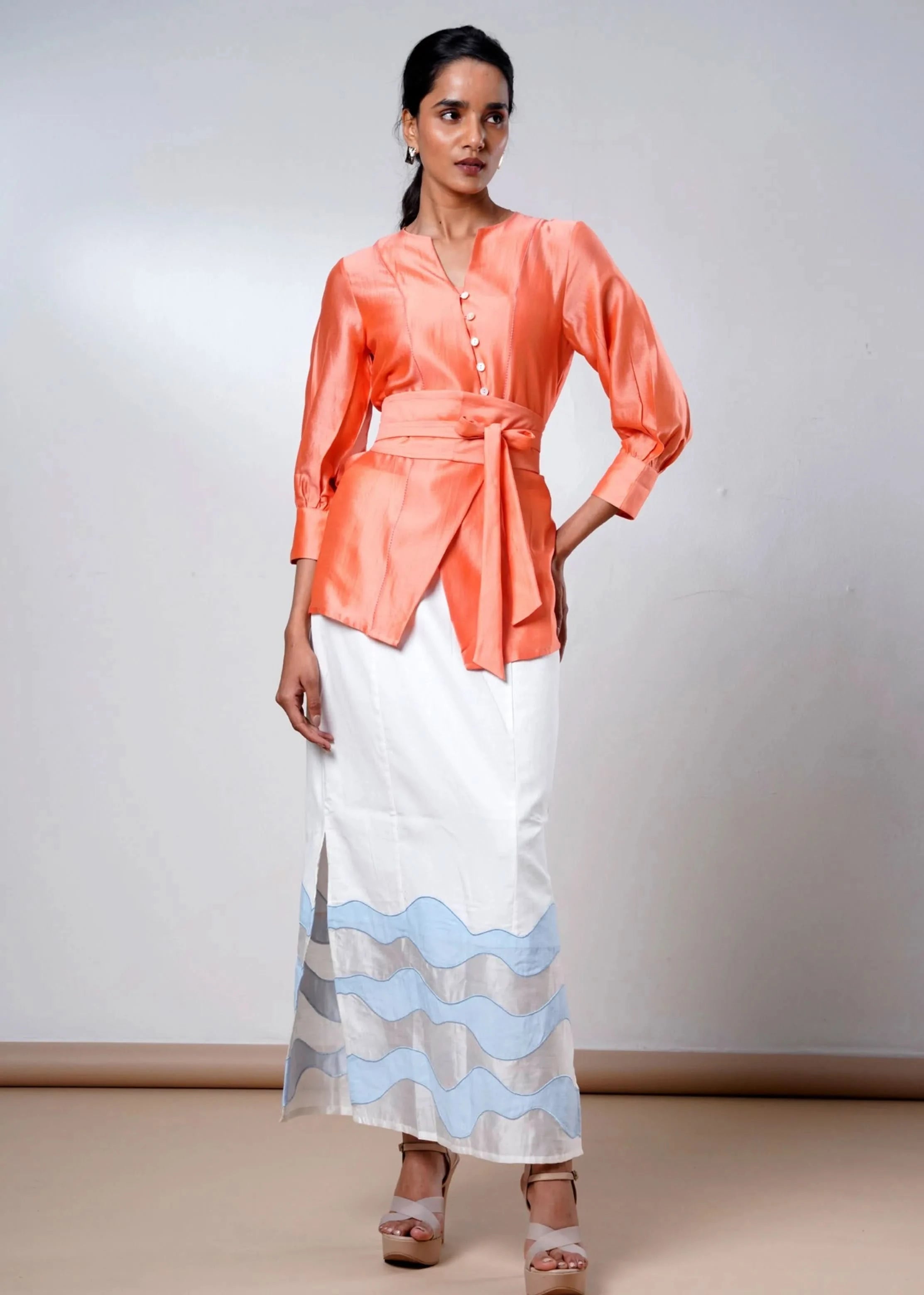 A Model Wearing Multicolor Handloom Cotton  Nella Coral  Handloom Cotton Co-Ord Set , curated by Only Ethikal