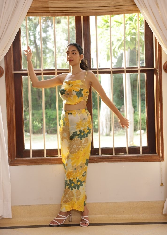 A Model Wearing Multicolor Vegan Silk Calla Pants- Mosaic Yellow Print, curated by Only Ethikal