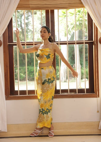 A Model Wearing Multicolor Vegan Silk Calla Pants- Mosaic Yellow Print, curated by Only Ethikal