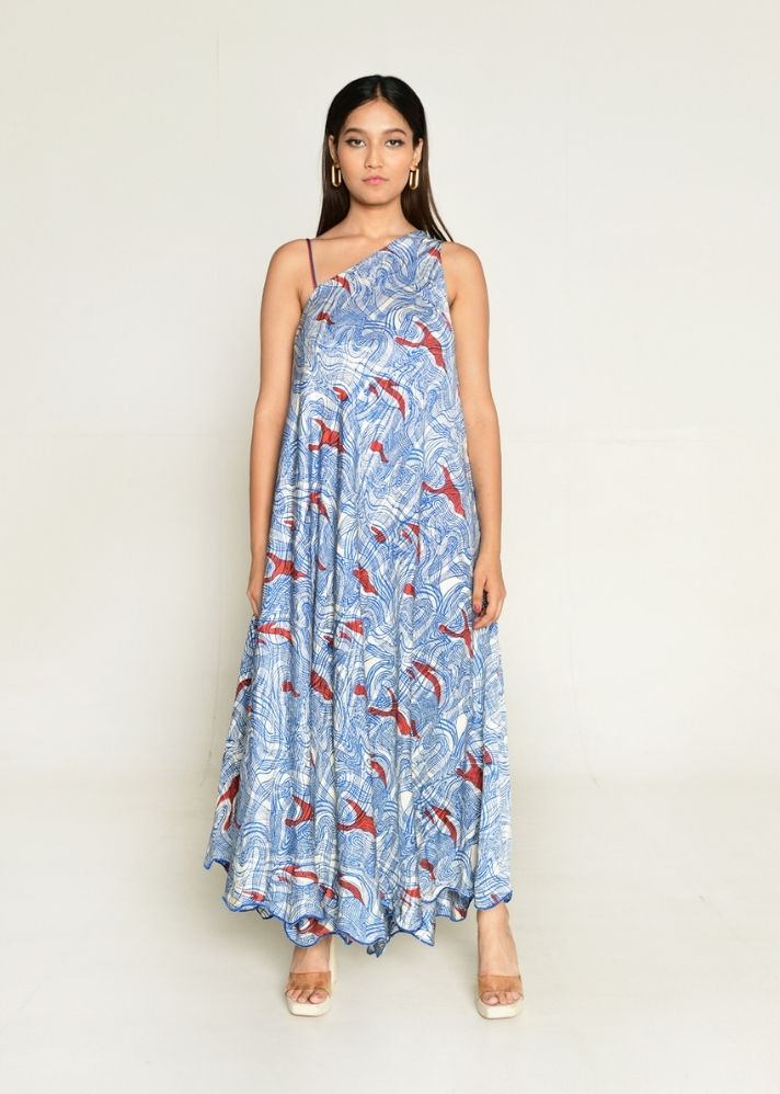 A Model Wearing Multicolor Cotton Bemberg Ponzo One Shoulder Maxi, curated by Only Ethikal