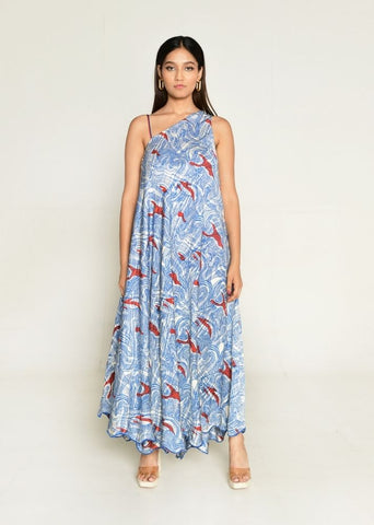 A Model Wearing Multicolor Cotton Bemberg Ponzo One Shoulder Maxi, curated by Only Ethikal