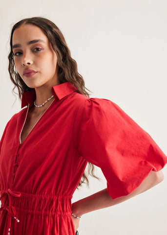 A Model Wearing Red Organic Cotton Ocean Spirit Cotton Red Dress, curated by Only Ethikal