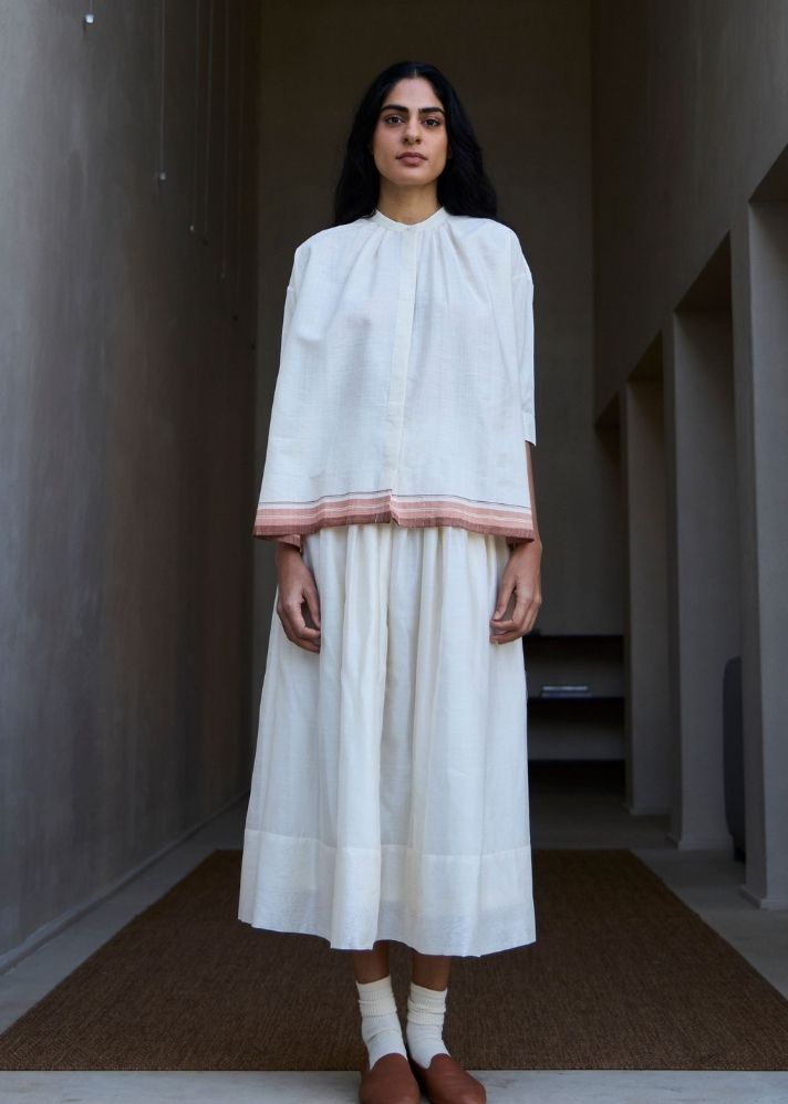 A Model Wearing White Handwoven Cotton Pele Handwoven Striped Top , curated by Only Ethikal