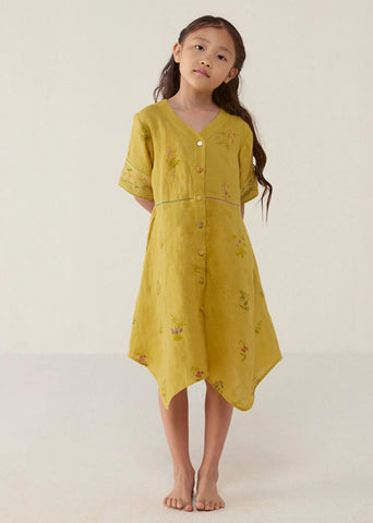 A Model Wearing Yellow Linen Kids Inoya Linen Dress- Ochre, curated by Only Ethikal