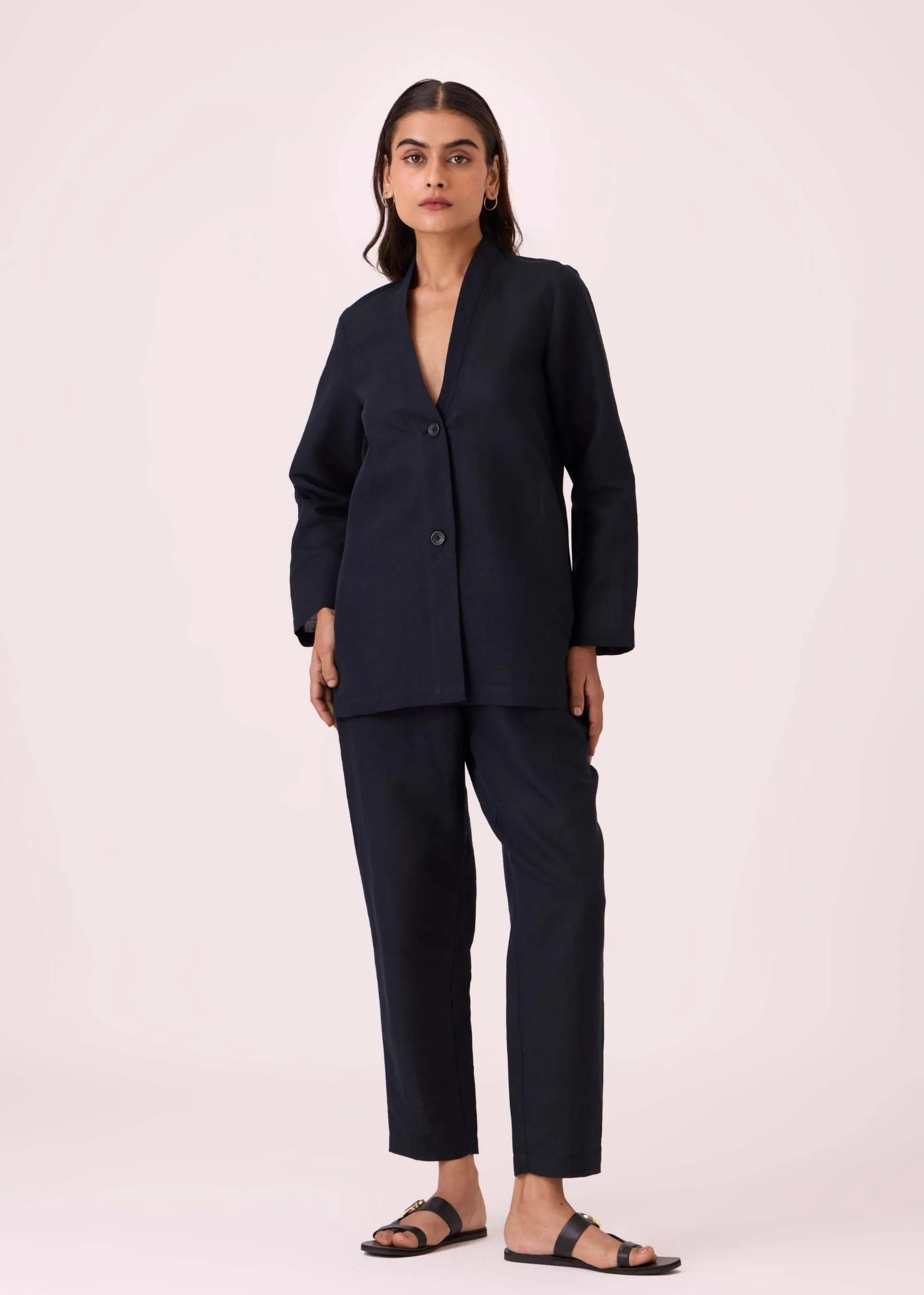 A Model Wearing Black Linen Cotton Andrei Black Pants, curated by Only Ethikal