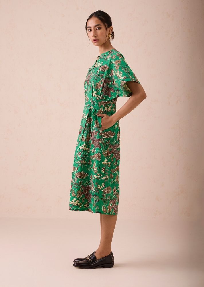 A Model Wearing Green Poplin Green Fields Organic Cotton Midi Dress, curated by Only Ethikal
