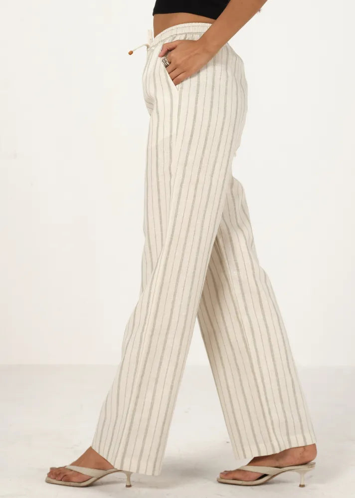 A Model Wearing Off-White Linen Off White Linen Striped Drawstring Pant, curated by Only Ethikal
