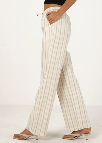 A Model Wearing Off-White Linen Off White Linen Striped Drawstring Pant, curated by Only Ethikal