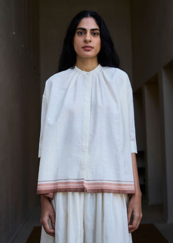 A Model Wearing White Handwoven Cotton Pele Handwoven Striped Top , curated by Only Ethikal